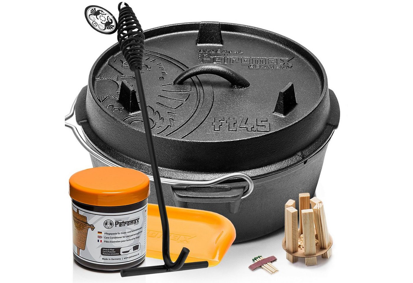 Petromax Schmortopf Feuertopf Dutch Oven ft4,5 ohne Füsse 2-4 Personen 3,5l, Gusseisen (Spar-Set, 6-tlg., Topf+Deckel+Deckelheber+Paste+Schaber+Feuer-Kit), induktionsgeeignet von Petromax