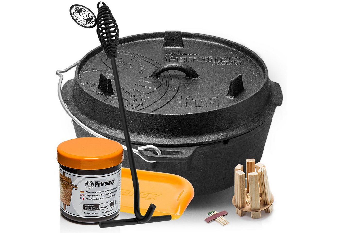 Petromax Schmortopf Feuertopf Dutch Oven ft6 mit Füssen 4-8 Personen 5,5l, Gusseisen (Spar-Set, 6-tlg., Topf+Deckel+Deckelheber+Paste+Schaber+Feuer-Kit), mit Edelstahlhenkel von Petromax