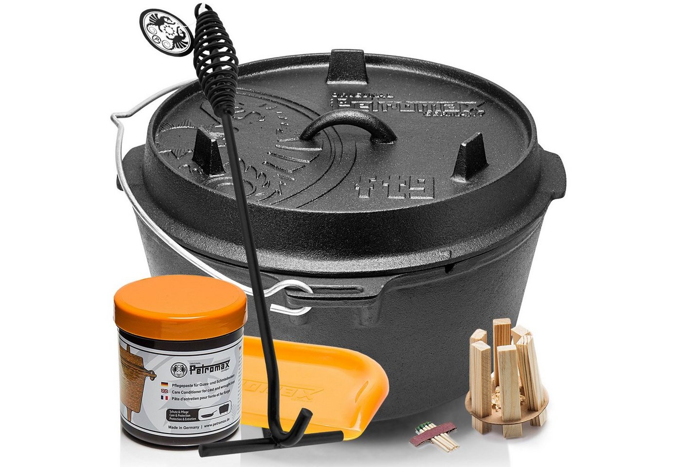 Petromax Schmortopf Feuertopf Dutch Oven ft9 mit Füssen 8-14 Personen 7,5l, Gusseisen (Spar-Set, 6-tlg., Topf+Deckel+Deckelheber+Paste+Schaber+Feuer-Kit), mit Edelstahlhenkel von Petromax