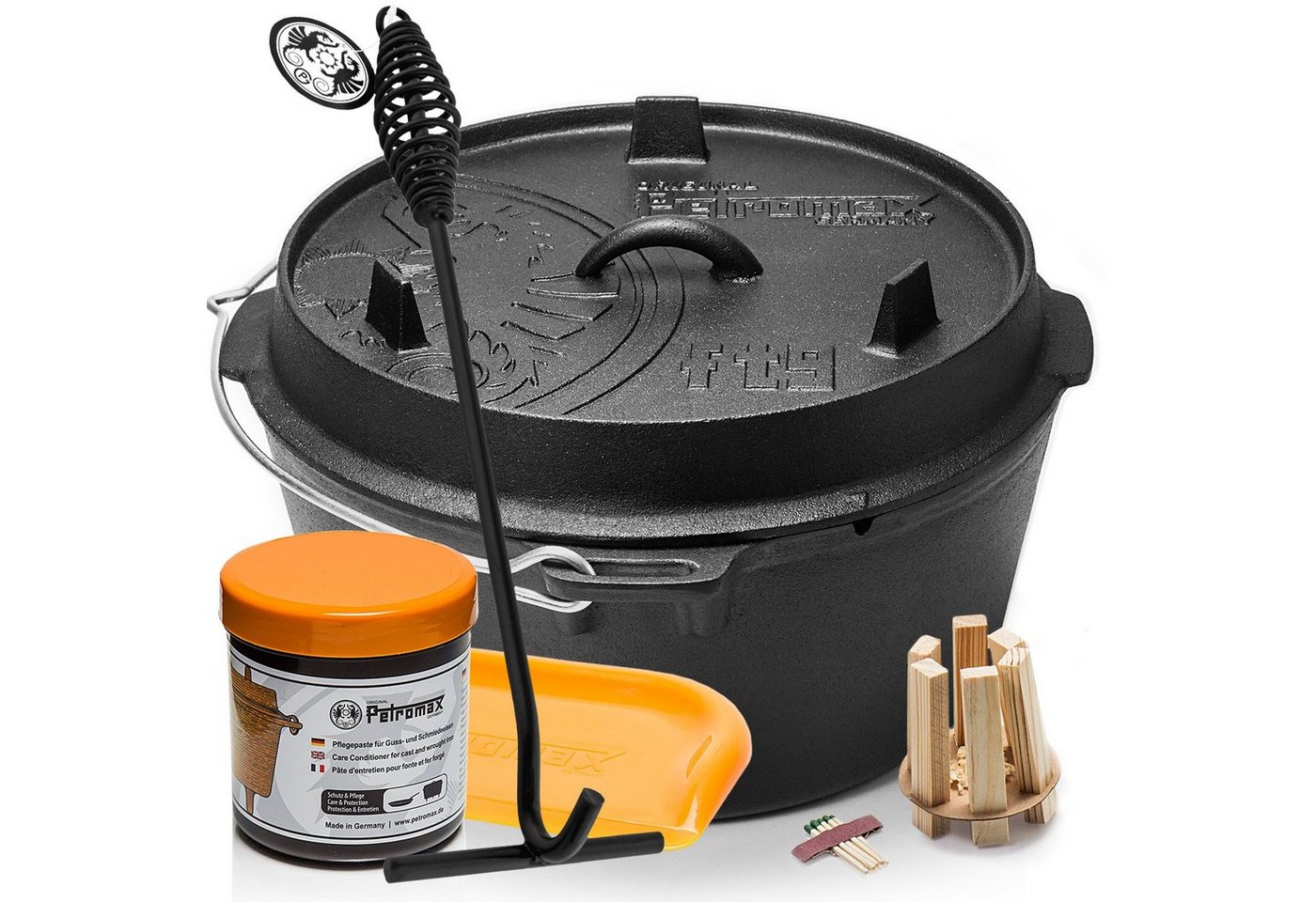 Petromax Schmortopf Feuertopf Dutch Oven ft9 ohne Füsse 8-14 Personen 7,5l, Gusseisen (Spar-Set, 6-tlg., Topf+Deckel+Deckelheber+Paste+Schaber+Feuer-Kit), induktionsgeeignet von Petromax