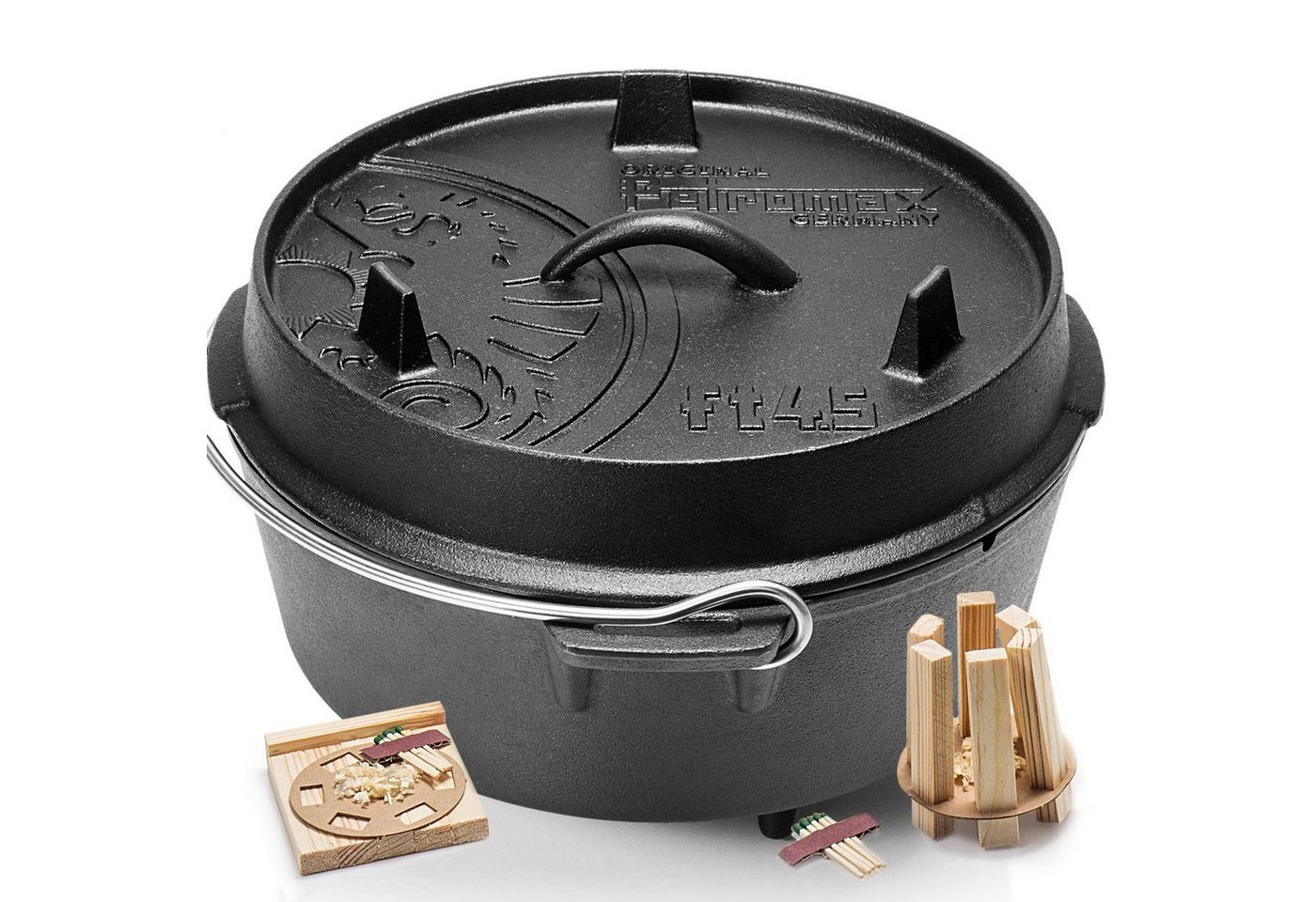 Petromax Schmortopf Feuertopf ft4,5 mit Deckel mit Füßen Dutch Oven, Gusseisen (Spar-Set, 3-tlg., für 2-5 Personen geeignet), mit Henkel von Petromax