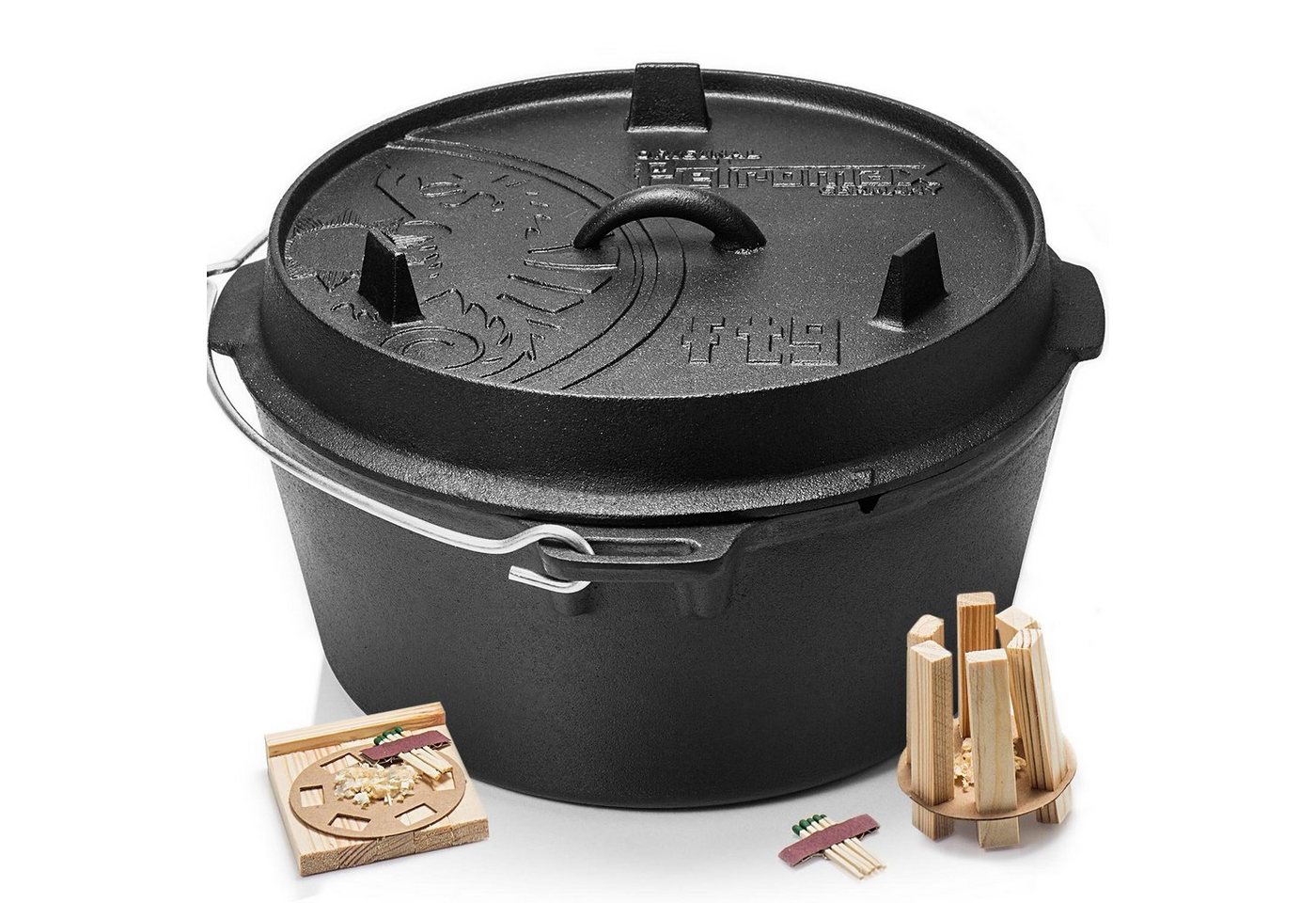 Petromax Schmortopf Feuertopf ft9 mit Deckel ohne Füße Dutch Oven, Gusseisen (Spar-Set, 3-tlg., für 8-14 Personen geeignet), mit Henkel, induktionsgeeignet von Petromax