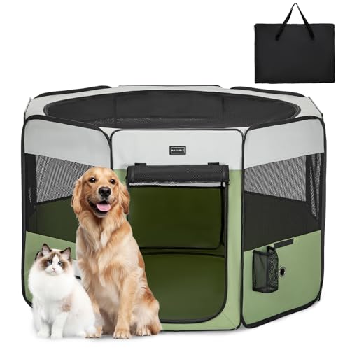 PETSFIT faltbar Welpenauslauf Tierlaufstall für Kleintiere Hunde Katzen,Hundelaufstall Freigehege mit Wasserdichter Boden,Pop-up System Kausicheres Design,Grau/Grün,116 * 106 * 70cm von Petsfit