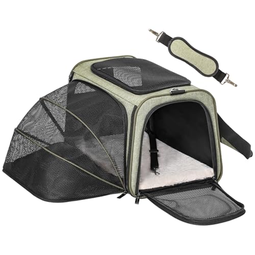 Petsfit Faltbarer Transporttasche Katze und Hund,erweiterbare Katzentransportbox mit Schultergurt Hundetragetasche Flugtasche Oxford Gewebe für Katze und Hund, L/Grün/Einseitig von Petsfit