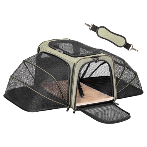 Petsfit Faltbarer Transporttasche Katze und Hund,erweiterbare Katzentransportbox mit Schultergurt Hundetragetasche Flugtasche Oxford Gewebe für Katze und Hund, S/Grün/Doppelseitig von Petsfit