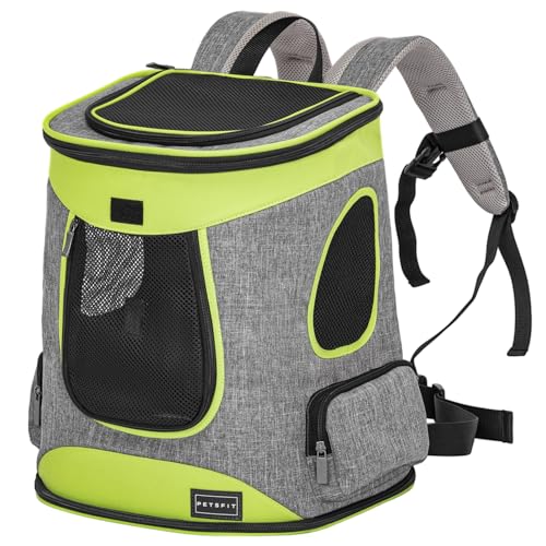 Petsfit Hunderucksack & Katzenrucksack für große Katzen bis 5kg - Leichter Katzen Rucksack mit Netzfenster, Brustgurt & Polster - Atmungsaktiver Rucksack für kleine Hunde, Grün+Grau von Petsfit