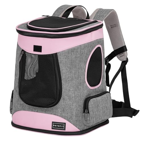 Petsfit Hunderucksack & Katzenrucksack für große Katzen bis 5kg - Leichter Katzen Rucksack mit Netzfenster, Brustgurt & Polster - Atmungsaktiver Rucksack für kleine Hunde und Katzen, Rosa+Grau von Petsfit