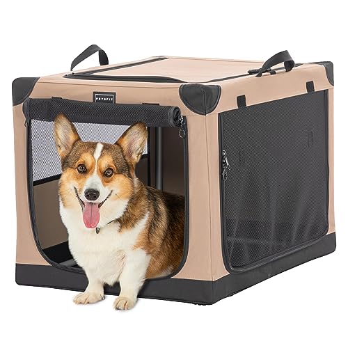 Petsfit Hundebox mittlere Hunde, Hundebox faltbar mit integriertem Aluminium Rahmen, Einstellbare Stoffbezug durch Spiralschlauch, Verstärkung Nähen Hundetransportbox,M,Khaki von Petsfit