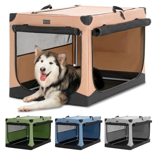 Petsfit Hundebox große Hunde, Hundebox faltbar mit integriertem Aluminium Rahmen, Einstellbare Stoffbezug durch Spiralschlauch, Verstärkung Nähen Hundetransportbox,XL,Khaki von Petsfit