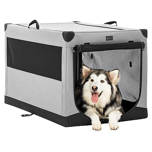 Petsfit Hundebox große Hunde, Hundebox faltbar mit integriertem Aluminium Rahmen, Einstellbare Stoffbezug durch Spiralschlauch, Verstärkung Nähen Hundetransportbox,XL,Grau von Petsfit