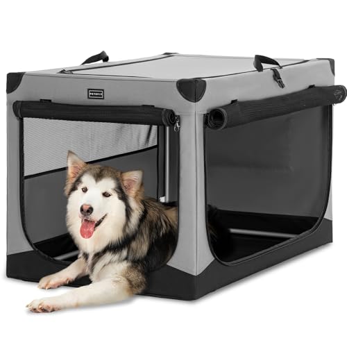Petsfit Faltbare Hundebox, Verstellbarer Stoffbezug mit Spiraleisenrohr, Zusammenklappbare Hundebox Große Hunde mit 3 Tür-Design, Einfach zu Transportieren, Leicht zu Verstauen, XL, Grau von Petsfit
