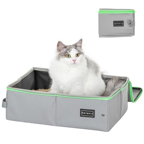 Petsfit Reise Katzentoilette mit Deckel, tragbare Reisetoilette Katze mobiles Katzenklo für Auto, Portable Cat Litter Box für unterwegs, leichte und einfache Reinigung,Grau & Grün von Petsfit