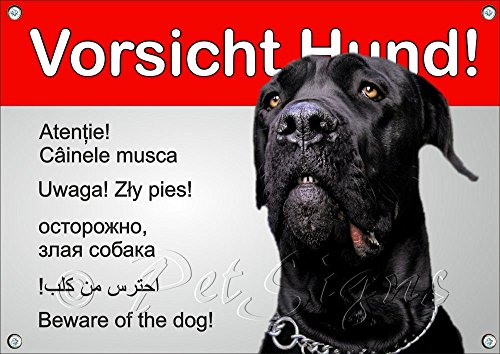 Petsigns Hundeschild Cane Corso - Vorsicht! - in 6 Sprachen - haltbares Metallschild, DIN A4 von Petsigns