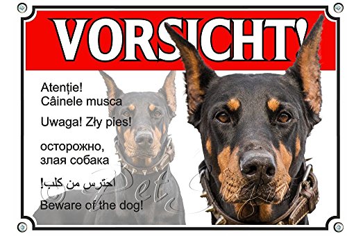 Petsigns Hundeschild - Dobermann - Vorsicht - Warnung in sechs Sprachen - Metallschild - TOP TIPP, DIN A4 von Petsigns