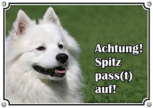 Petsigns Hundewarnschild Großspitz - Spitz Pass(t) auf! uv-beständiges Metallschild, DIN A3 von Petsigns