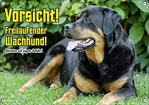 Petsigns Wunderschönes Hundeschild mit Rottweiler - Warnschild - Freilaufender Wachhund, DIN A4 von Petsigns