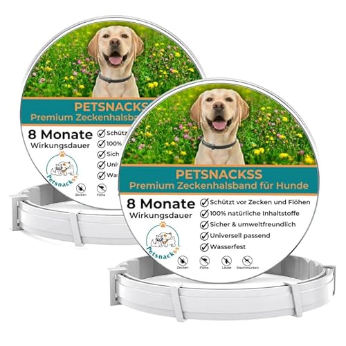 Zeckenhalsband für Hunde (2er Pack) - 100% Natürliche Inhaltsstoffe - bis zu 8 Monate wirksamer Schutz gegen Zecken, Flöhe und Läuse - Universell passend von Petsnackss