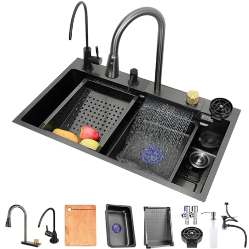 Küchenspüle, 304 Edelstahl Nano Wasserfall Spüle, Einzelarbeitsplatz Spüle Mit Flying Rain Pull-Out Wasserhahn, Pressurized Cup Washer (Color : Black Grey-A, S : 68x45x21cm) von PetterShop