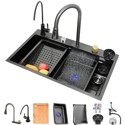 Küchenspüle, 304 Edelstahl Nano Wasserfall Spüle, Einzelarbeitsplatz Spüle Mit Flying Rain Pull-Out Wasserhahn, Pressurized Cup Washer (Color : Black Grey-B, S : 75x45x21cm) von PetterShop