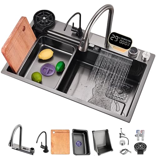 PetterShop Küchenspüle, Wasserfall-Spüle des Edelstahls 304, Mit Multifunktions-Digital-Anzeigen-Fliegenregen-einziehbarer Wasserhahn Und Spüle-Zubehör (Color : Gun Grey, S : 75x45x22cm) von PetterShop