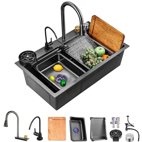 Küchenspüle,Nano Wasserfall Spüle,304 Edelstahl Barspüle,mit Flying Rain Pull-Out Wasserhahn, Pressurized Cup Washer (Color : Black-Grey, S : 75x45x20cm) von PetterShop