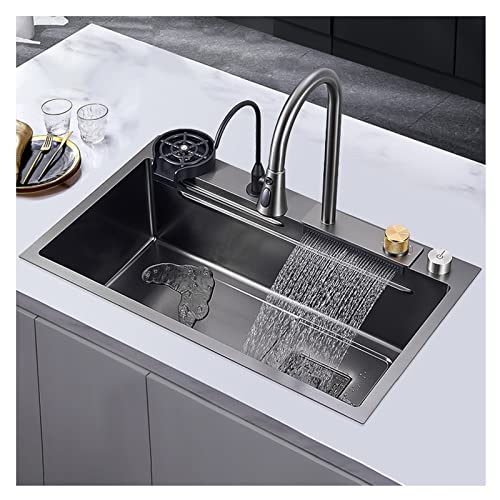 Küchenspüle,Neue Edelstahl Wasserfall Spüle,Bar Spüle, 304 Edelstahl Spüle, mit Cup Washer Spülen, Drop-In oder Unterbau Installation (Color : Black-Grey, S : 80x45x20cm) von PetterShop