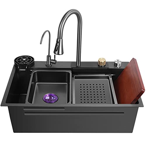 Küchenspüle,Neue Edelstahl Wasserfall Spüle,Drop In Single Bowl Workstation Spüle,Mit Cup Washer Spülen (Color : Black, S : 75x46cm) von PetterShop