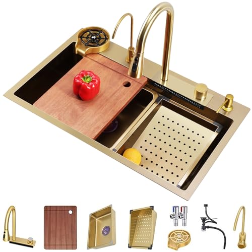 PetterShop Gold Edelstahl Nano Spüle Mit Wasserfall Wasserhahn Set Workstation Spüle Mit Cup Waschmaschine, Abnehmbares Becken, Schneidebrett (Color : Gold, S : 68x45x22cm) von PetterShop