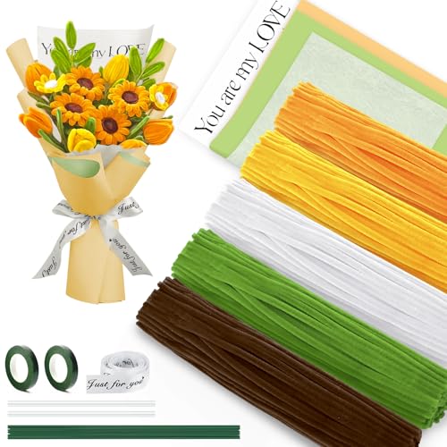 PETUTU Pfeifenreiniger Blumen Set - 500 Stück pfeifenputzer zum basteln, Kreatives Bastelmaterial für Kinder & Erwachsene(GELB) von Petutu