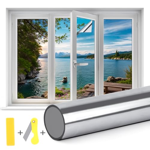 Spiegelfolie Fenster Sichtschutz - 60 × 200 cm UV-Schutz Sonnenschutzfolie Fenster innen, selbstklebend Fensterfolie ohne Rückstände Thermofolie mit Werkzeug von Petutu