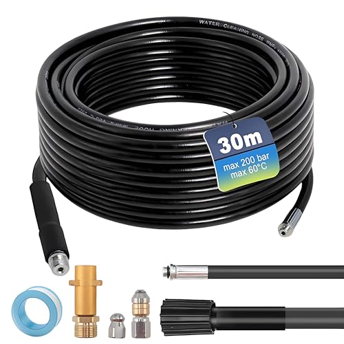 Petyoung 30M Rohrreinigungsschlauch Set, Hochdruck-Reinigungsschlauch 200 Bar 60 °C, Hochdruckreiniger Schlauch mit Adapter Und Düsen, Kompatibel mit Kärcher K2 K3 K4 K5 K6 K7 Hochdruckreiniger von Petyoung