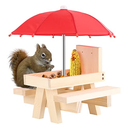 Petyoung Eichhörnchen- Feeder- Tisch mit Regenschirm Hölzerner Eichhörnchen Picknick- Tisch- Feeder mit Dauerhaftem Maiskolbenhalter Gartenschmuck für Eichhörnchen Chipmunk Wildlife von Petyoung