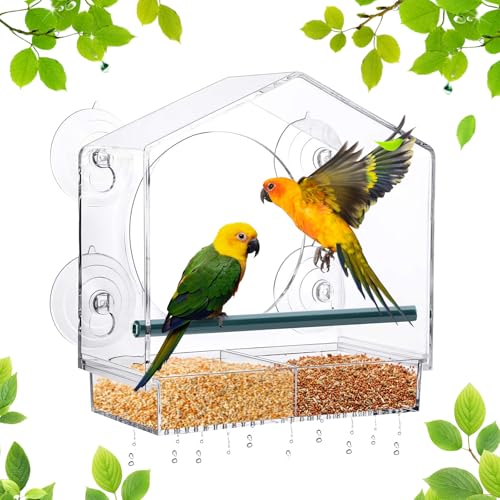 Petyoung Fenster-Vogelfutterstation mit extra starken Saugnäpfen und Drainagelöchern, Acryl, klares Hausform-Design, Fensterbank, Vogelfutterspender für Wildvögel im Freien von Petyoung