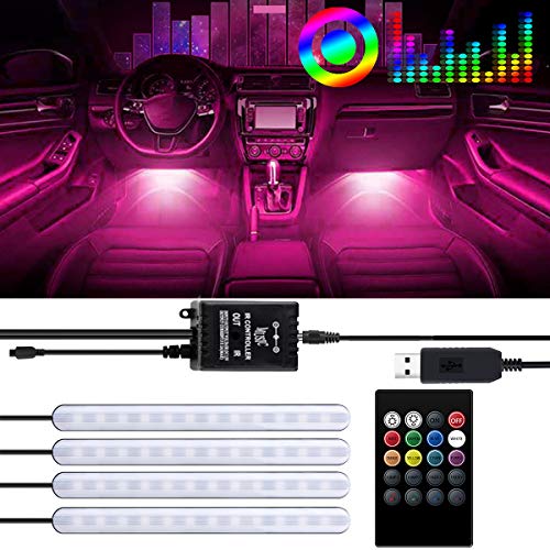 Petyoung Innenraum Autolichter Auto LED-Streifen Licht 4 Streifen 48 LED Auto Atmosphäre Lampe mit Fernbedienung Musik Aktiviert Fußraum Streifen Licht von Petyoung