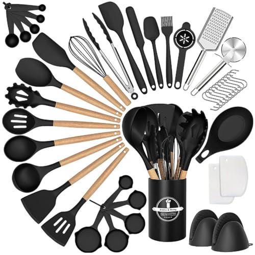 Petyoung Silikon-Kochutensilien-Set mit Halter, hitzebeständig, Antihaft-Kochgeschirr, Zange, Spatel, Löffel-Set mit Holzgriffen, Küchenutensilien, 43-teilig Petyoung Silikon-Kochutensilien-Set mit Halter, hitzebeständig, Antihaft-Kochgeschirr, Zange, Spatel, Löffel-Set mit Holzgriffen, Küchenutensilien, 43-teilig von Petyoung