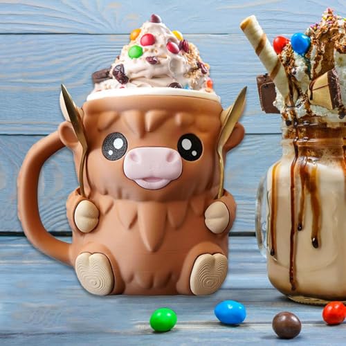 Highland Cow Ice Cream Pint Halter, 3D Druck Eiscreme Pint Halter Mit Frostschutzgriff Und Löffeln, Bierdosenhalter Auslaufsicher EisAm Stiel, Süße Tierische Eiscolumer von Peufcmi
