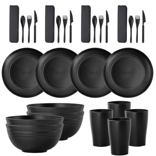 Peufcmi Campingbesteck,Campinggeschirr Reisebesteck Set | Teller Löffel Gabeln Schüsseln Mikrowellengeeignet Für Erwachsene Kinder Outdoor Indoor Grillen Picknick Büro Jagen von Peufcmi