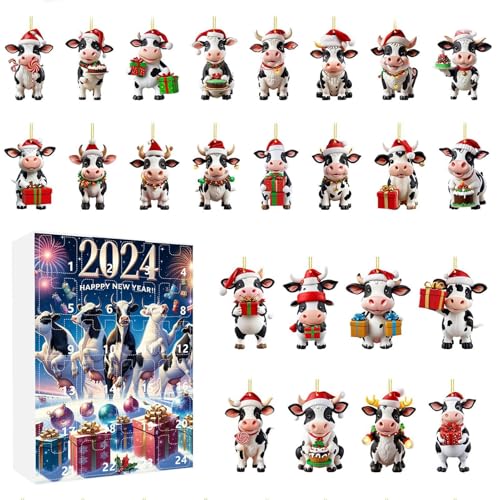 Peufcmi Kalender Adventsschmuck, 24 Türchen Hängbare Kuh Deko Countdown Kalender, 2D Acryl Festtagsanhänger für Lehrer Gemeindemitglieder Familienbindung Klassenraum Jugendliche Schulveranstaltungen von Peufcmi
