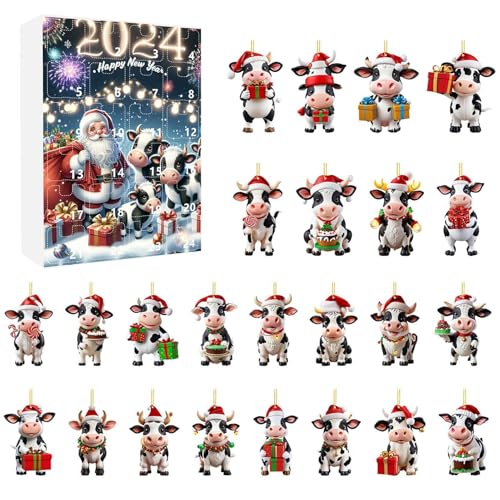 Peufcmi Weihnachtsornament Adventskalender, 24 Türchen Hängbare Kuh Deko Countdown Kalender, 2D Acryl Wohnkultur Für Festtage Veranstalter Schulaktivitäten Familienzeit Kinder Pädagogen von Peufcmi
