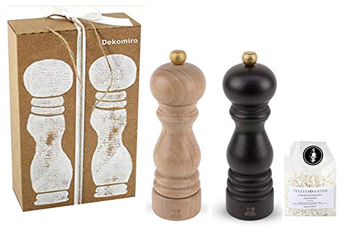 Dekomiro Peugeot Set Paris Pfeffermühle Schoko und Salzmühle Natur 18 cm Geschenkset mit 100 gr. Salz von Dekomiro