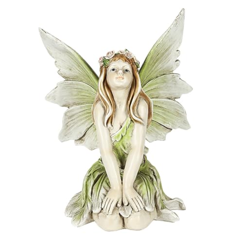 Pevfeciy Elfen Figuren Feen Statue Harz Gartenfiguren & gartenstatuen Gartendeko für draußen,Europäische kreative Gartenfeen-Ornamente,Sitzende Elfen Skulptur mit Flügeln H 26cm,Grün,B von Pevfeciy