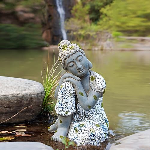 Pevfeciy Buddha Figur groß Garten Deko Figuren Zen Gartendeko Feng Shui Figuren, H-46 cm/4kg,Robust Buddha Statue aus Steinguss frostfest wetterfest Steinfiguren，Grau von Pevfeciy