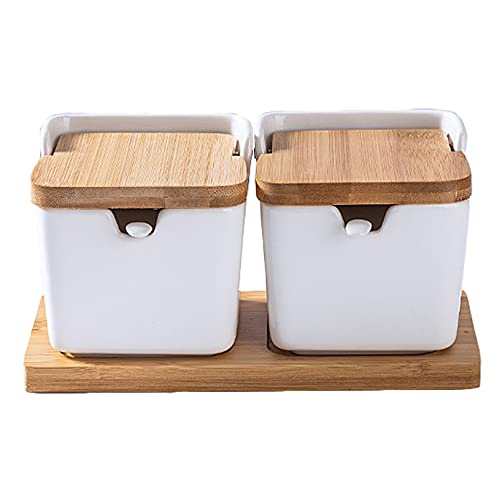 Pevfeciy Gewürzgläser,Zuckerdose, Keramik Zucker Schüssel Mit Löffel Und Deckel Aus Bambus Für Zuhause Und Küche - Modernes Design, Inkl. Echtholztablett,Weiß,2pcs von Pevfeciy