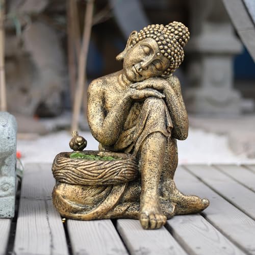 Pevfeciy Golden Buddha mit Vogelernährer Gartenfiguren & Gartenstatuen Zen Garten Deko für Indoor/Outdoor,Feng Shui Statue,Harz Skulptur,Geschenke,eigenständige Hausdekoration,H 39cm,Gold von Pevfeciy