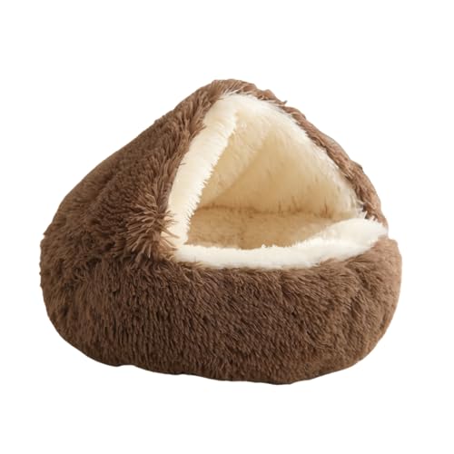 Pevfeciy Katzenbett Hundebett Rund Halb Geschlossener mit Kapuze Kleine Haustierbett Waschbar rutschfest Hundebetten Lang Plüsch Verdicktes Warmes Hundekorb,Braun,60cm von Pevfeciy