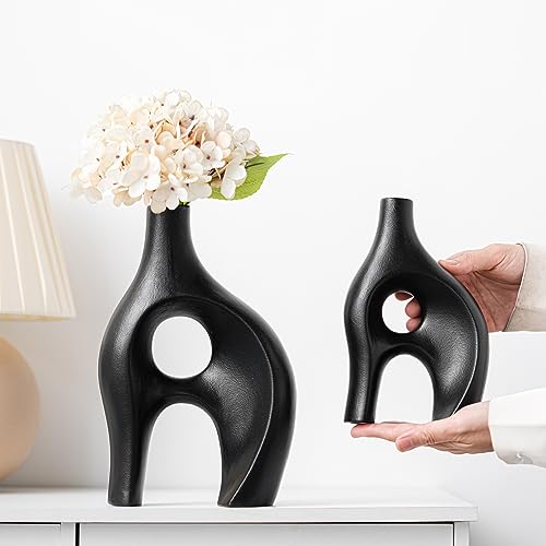 Pevfeciy Keramik Schwarze Vase 2er-Set Vase deko Schwarz Für Moderne Wohnzimmer deko,Kreative minimalistische Dekoration Aesthetic vasen für Housewarming,Hochzeit,Abendessen Tisch,Party und Büro von Pevfeciy