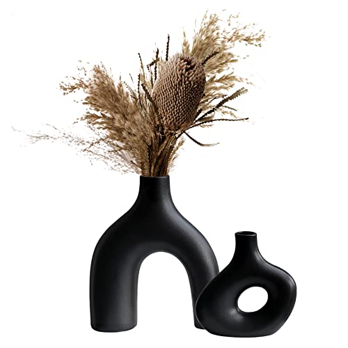 Pevfeciy Keramik Schwarze Vase Set 2-teilig,Vase schwarz matt für Wohnzimmer deko modern,Deko Vase für pampasgras Boho Deko,modern vase für tulpen/frische Blumen/Trockenblumen Dekoration,Schwarz von Pevfeciy