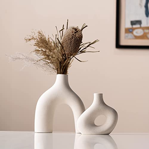 Pevfeciy Keramik Vase für pampasgras,Weiß Vase modern deko vase Boho Deko Stil,Kreative 2er Set Vasen,Blumenvase für frische Blumen&Trockenblumen deko,Esstisch,Büro,Wohnzimmer,Fensterbank deko von Pevfeciy