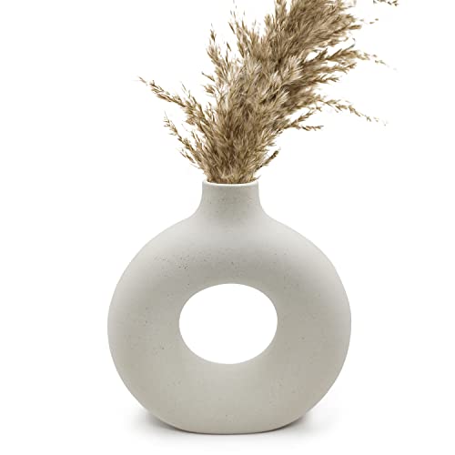 Pevfeciy Donut vase weiß Keramik Vase Moderne Kunst Runde Form Vase-23cm/9 Zoll hoch Vase mit Loch Trockenblumen Handmade Vasen für Dekoration und Geschenk von Pevfeciy