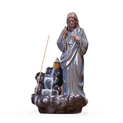 Pevfeciy Rückfluss räuchergefäß Keramik Backflow Incense Burner Rauch Wasserfall H 19cm,Jesu und Maria Weihrauchbrenner Home deko für Religionsstätten, Kirchen Ornament Dekoration,Grau von Pevfeciy